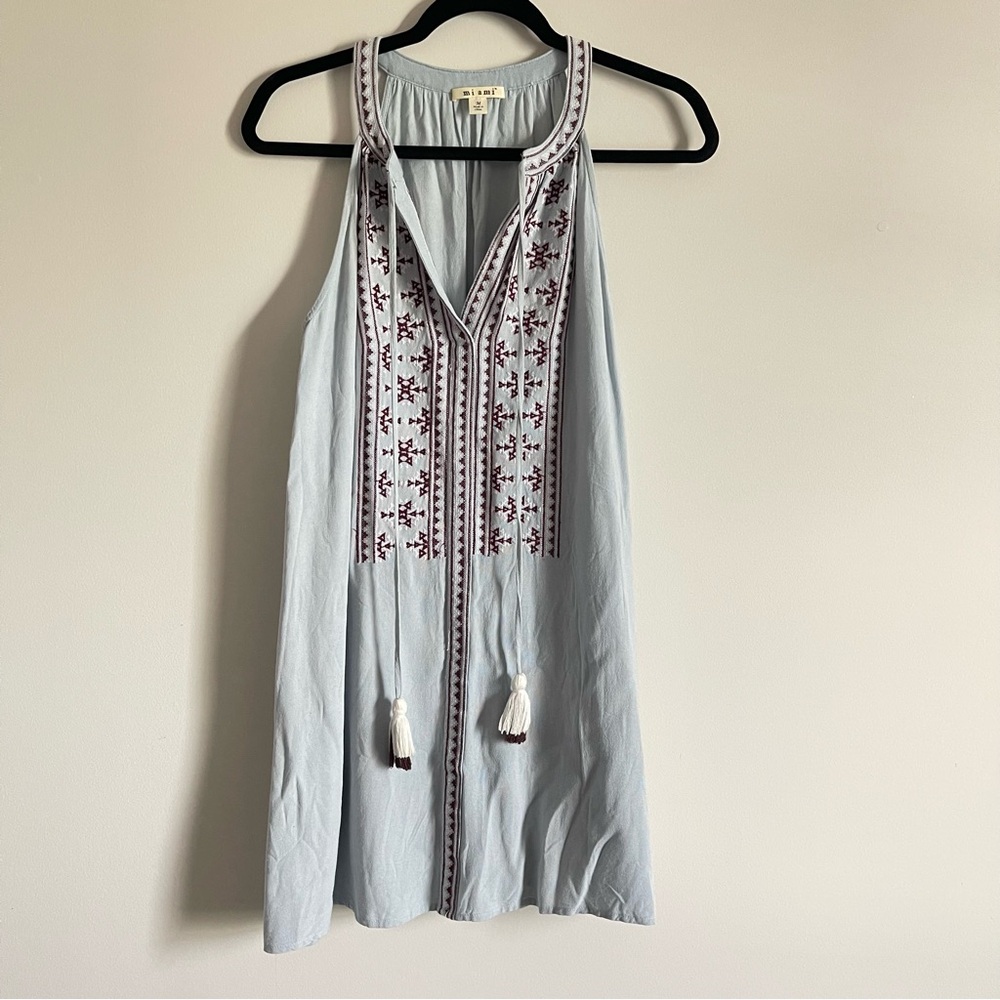 Light Blue High Neck Embroidered Sleeveless Shift Dress with Tassels size M